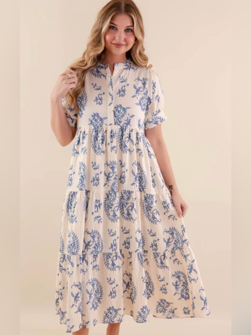 Mlle Gabrielle Blue/White Floral Tiered Midi Dress by
